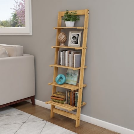 Hastings Home Ladder Bookshelf- 5 Shelves, Leaning Multi-Functional Bookcase in Pickled Oak 511439BNO